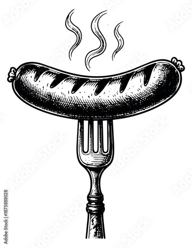 Hand drawn illustration of a steaming sausage on a fork depicting hot food for a restaurant menu