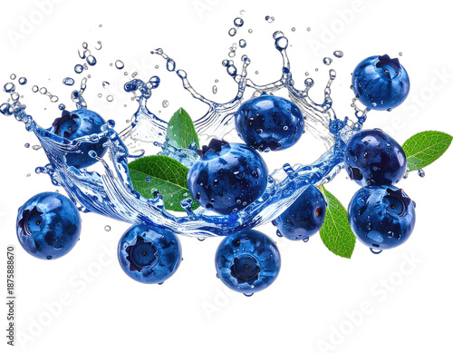Close-up of ripe blueberries splashing water, green leaves, transparent droplets on black background