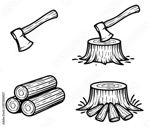 Hand drawn line art wood elements set featuring an axe, logs, and tree stumps for outdoor and camping designs