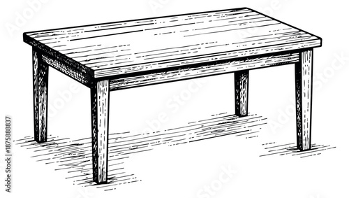 Hand drawn line art illustration of a wooden table depicting rustic furniture for home interior design