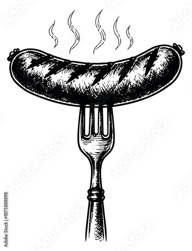 Hand drawn illustration of a sizzling grilled sausage on a fork depicting steam for a restaurant menu