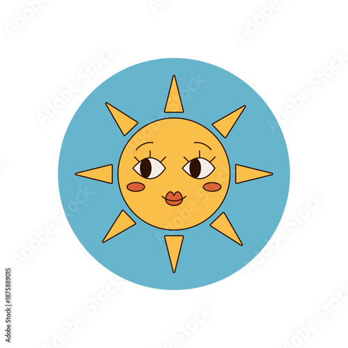 Groovy retro sun face sticker badge in a yellow circle with a bright sunshine smile. Y2k package label and lid style for positive sun badge sticker.