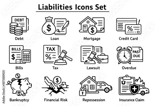 Clean line art liabilities icons set featuring financial obligations, risks, and legal issues for personal and business finance concepts