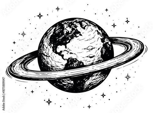 Hand drawn line art illustration of a ringed planet depicting a starry cosmic scene for science and education