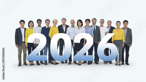 Diverse group of smiling professionals representing the year 2026, symbolizing future growth and