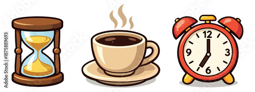 Cartoon style icon set featuring an hourglass, coffee cup, and alarm clock for time and morning routine concepts