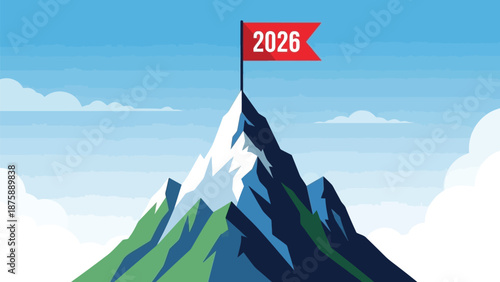 Conquering the ultimate goal peak, a symbolic flag marks the triumphant achievement of 2026
