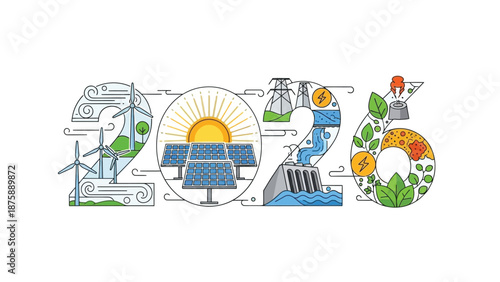 Global renewable energy solutions shaping the future in a vibrant 2026 themed illustration