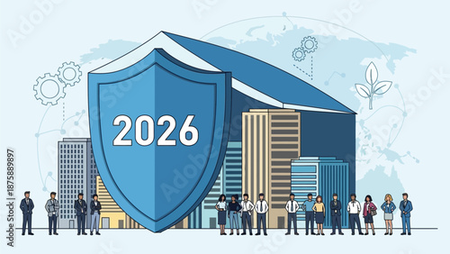 Corporate future security strategy for 2026 with global business teams and urban infrastructure