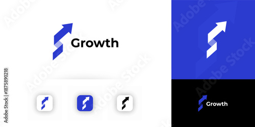 Growth Logo Financial Grow Rise Arrow Abstract Shape. Finance Technology Corporate Logotype. Fintech Digital Transformation Brand, Marketing Business Startup Modern Symbol Design. Vector Illustration