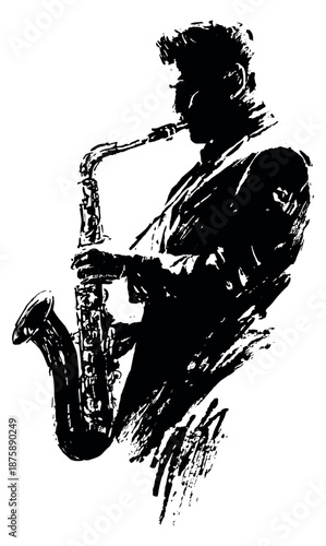 Brush stroke silhouette illustration of a jazz musician depicting playing the saxophone for jazz music events