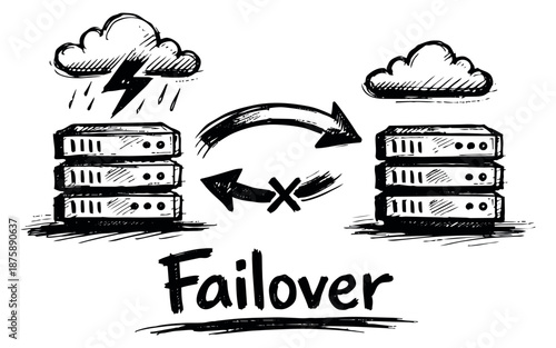 Hand drawn line art illustration of a server failover depicting system migration for IT infrastructure
