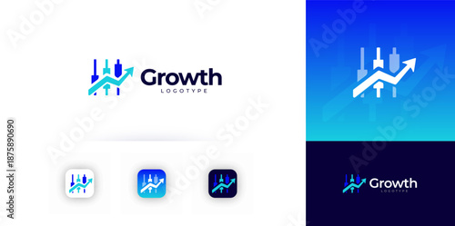 Growth Logo Financial Grow Rise Arrow Abstract Shape. Finance Technology Corporate Logotype. Fintech Digital Transformation Brand, Marketing Business Startup Modern Symbol Design. Vector Illustration