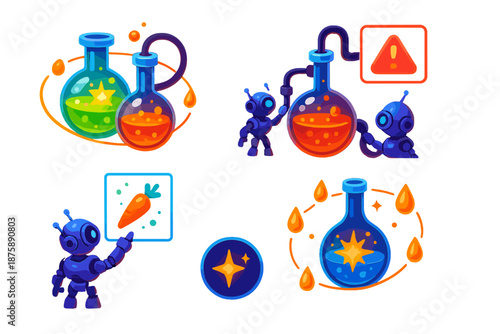 Alchemy Software Icons. Isometric vector illustration set Medieval alchemy troubleshooting software: orbiting flasks with glowing