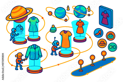 Orbital Fashion Design. Isometric vector illustration set Planetary orbits dictating fashion: orbiting planets projecting