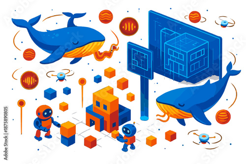 Whale Songs Architecture. Isometric vector illustration set Whale songs designing architecture: orbiting whales projecting glowing