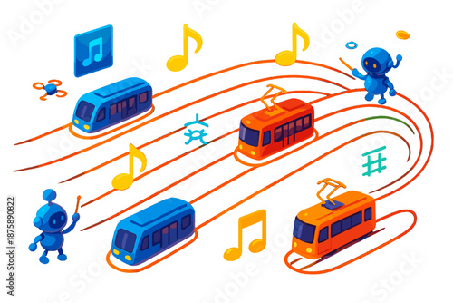 Musical Transport Symphony. Isometric vector illustration set Public transport as music notes: orbiting glowing subway cars and