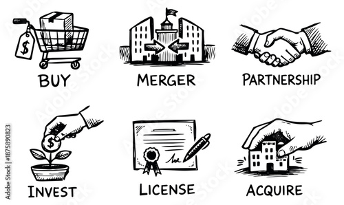 Hand drawn line art business concept set featuring buying, merger, partnership, investment, licensing, and acquisition for corporate finance