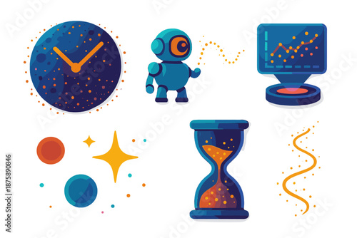 Celestial Timekeeping. Isometric vector illustration set Moon dust telling time: orbiting moon dust particles forming glowing