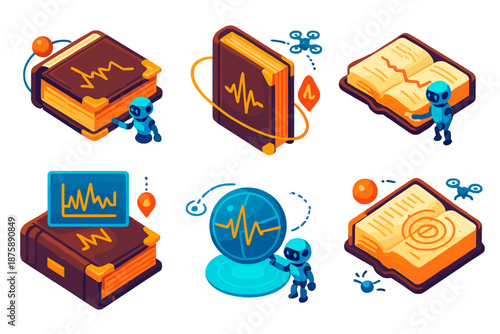 Futuristic Seismic Prediction Tech. Isometric vector illustration set Old books forecasting earthquakes: orbiting glowing ancient