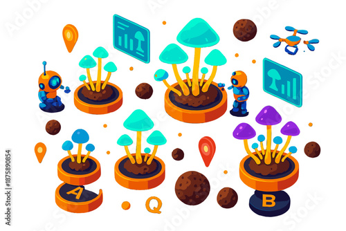 Mushroom Typewriter Fantasy. Isometric vector illustration set Typewriter keys growing mushrooms: orbiting vintage keys with