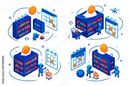 Futuristic Supermarket Artistry. Isometric vector illustration set Supermarket aisles as calendars: orbiting glowing supermarket