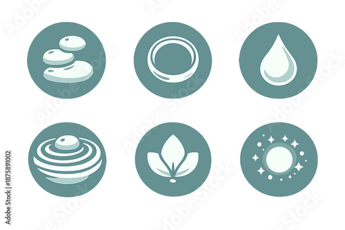 Calm Vector Icons. Solid style round vector icons of simplicity and calm: pebble, ring, droplet, sand pattern, petal, glow No text