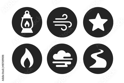 Hope in Darkness Icons. Solid style round vector icons of hope in darkness: lantern, gust, star, flame, fog, path No text, No