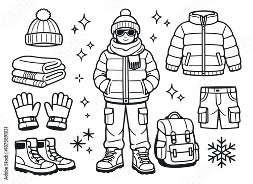 Hand drawn line art winter outfit accessories set featuring a person in warm clothes, jacket, beanie, gloves, boots, and backpack for winter travel and outdoor activities