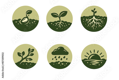 Growth Icons Set. Solid style round vector icons of growth and renewal: seed, sprout, root, branch, rain, sunrise No text, No