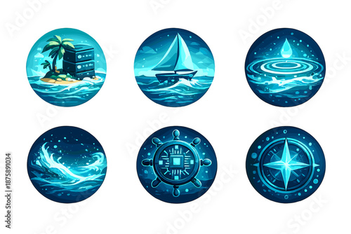 Ocean Tech Icons. Solid style round vector icons of oceanic technology: server island, sail, ripple, neon tide, microchip helm,