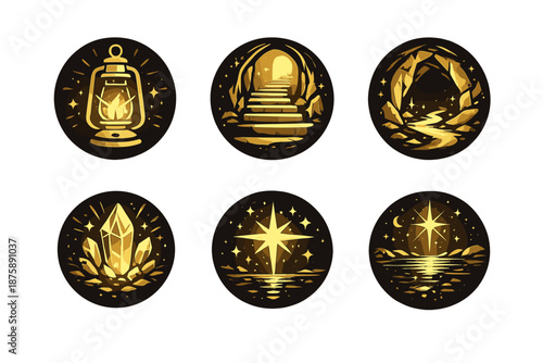 Wisdom Journey Icons. Solid style round vector icons of wisdom journey: lantern, stairs, cave, crystal light, guiding star,