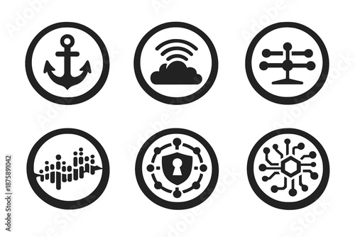 Stable Network Icons. Solid style round vector icons of stable networks: anchor, cloud signal, balance lines, digital wave, secure