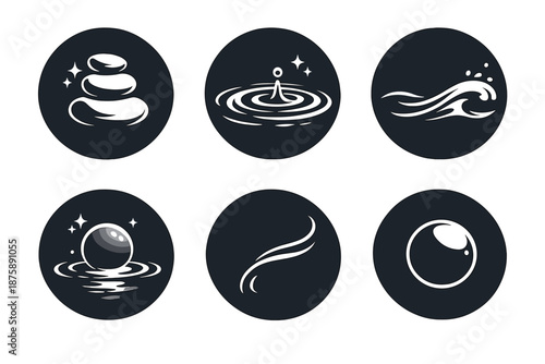 Harmony Icons Collection. Solid style round vector icons of harmony and balance: stone, ripple, fluid motion, reflection glow,