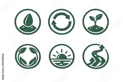 Life Cycle Icons. Solid style round vector icons of life cycle: seed, circle, bud, leaf ring, sunrise, renewal path No text, No