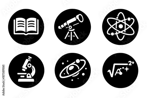 Scientific Icons Collection. Solid style round vector icons of scientific learning: book, telescope, atom, microscope, orbit,
