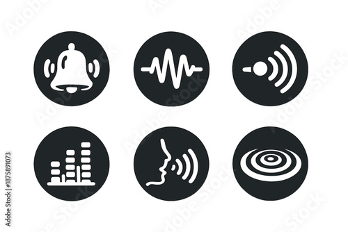 Auditory Icons Collection. Solid style round vector icons of auditory communication: bell, waveform, signal beam, frequency bar,