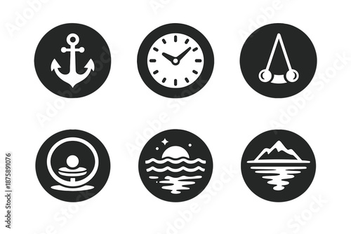 Stability Icons Collection. Solid style round vector icons of patience and stability: anchor, clock face, pendulum, balance ring,