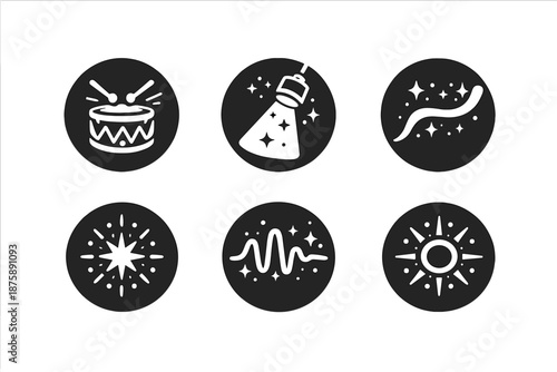 Creative Rhythm Icons. Solid style round vector icons of creative rhythm: drum, lightbeam, stroke line, radiance, beat curve, aura