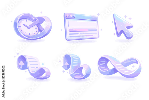 Surreal Productivity Icons. Solid style icons of surreal productivity: looping clock, floating window, abstract cursor, infinite