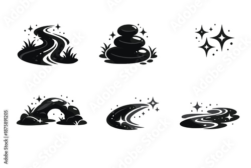 Harmonious Nature Icons. Solid style icons of harmony and flow: river bend, round pebble, light shimmer, natural arc, glowing