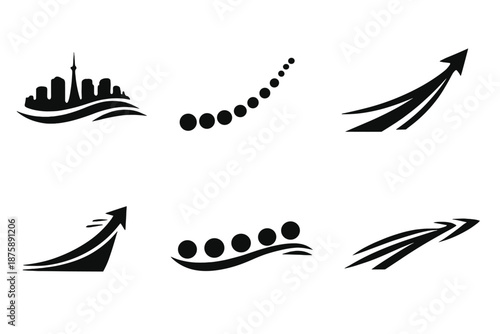 Flowing Icon Sequence. Solid style icons of elegant continuity: skyline flow, dottrail mark, minimal beam, rising path, balanced