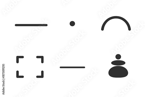 Minimalist Icon Design. Solid style icons of visual clarity: horizon line, single dot, clean arc, open space, thin stripe,