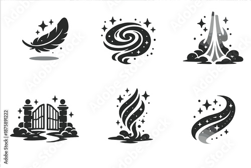 Icons of Gentle Creativity. Solid style icons of gentle creativity: floating feather, dream swirl, mist beam, open gate, radiant