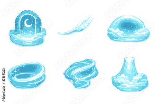 Visionary Calm Icons. Solid style icons of visionary calm: dreamgate glow, featherline trace, mist arc, halo path, airy swirl,