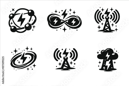 Connected Energy Icons. Solid style icons of connected energy: sparknet field, radiant link, wireless node, air ring, streaming