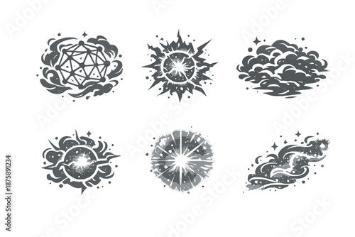 Hidden Energy Icons. Solid style icons of Hidden Energy: mist lattice, vibrating core, fog structure, pulse orb, diffuse light,
