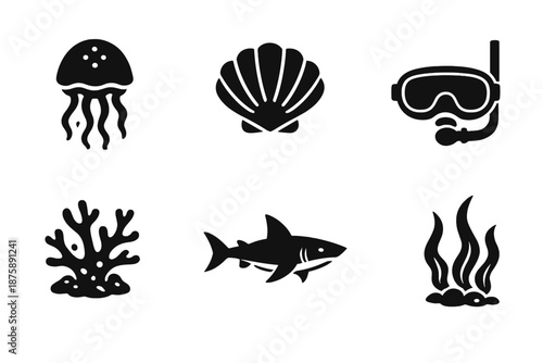 Underwater Icons Set. Solid style icons of Underwater World: jellyfish, seashell, coral, shark, diving mask, seaweed No text, No