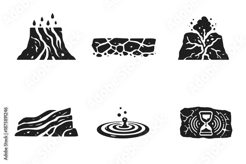 Natural Solid Icons. Solid style icons of Natural Persistence: rain groove, stone edge, dust vein, flowing ridge, steady ripple,