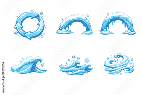 Calm Cycle Icons. Solid style icons of Calm Cycle: frost loop, frozen arc, gentle wind, snow curve, cold ripple, soft spiral No